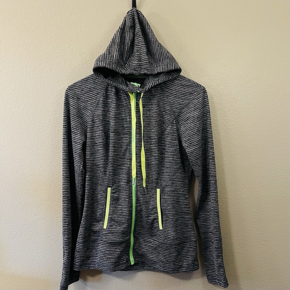 Lukka Activewear Zip Up Hoodie Striped Gray Black Green Thumb Holes Size‎ S